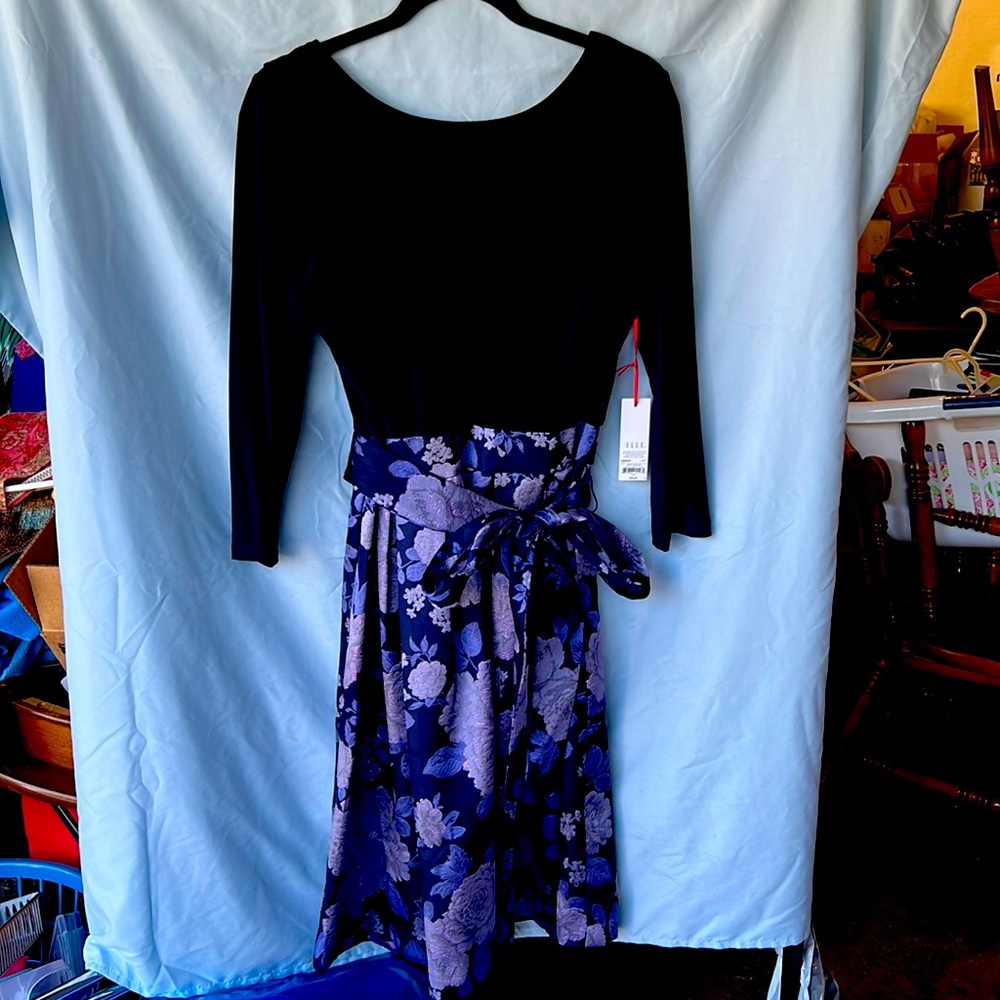 Long sleeve navy & floral formal dress